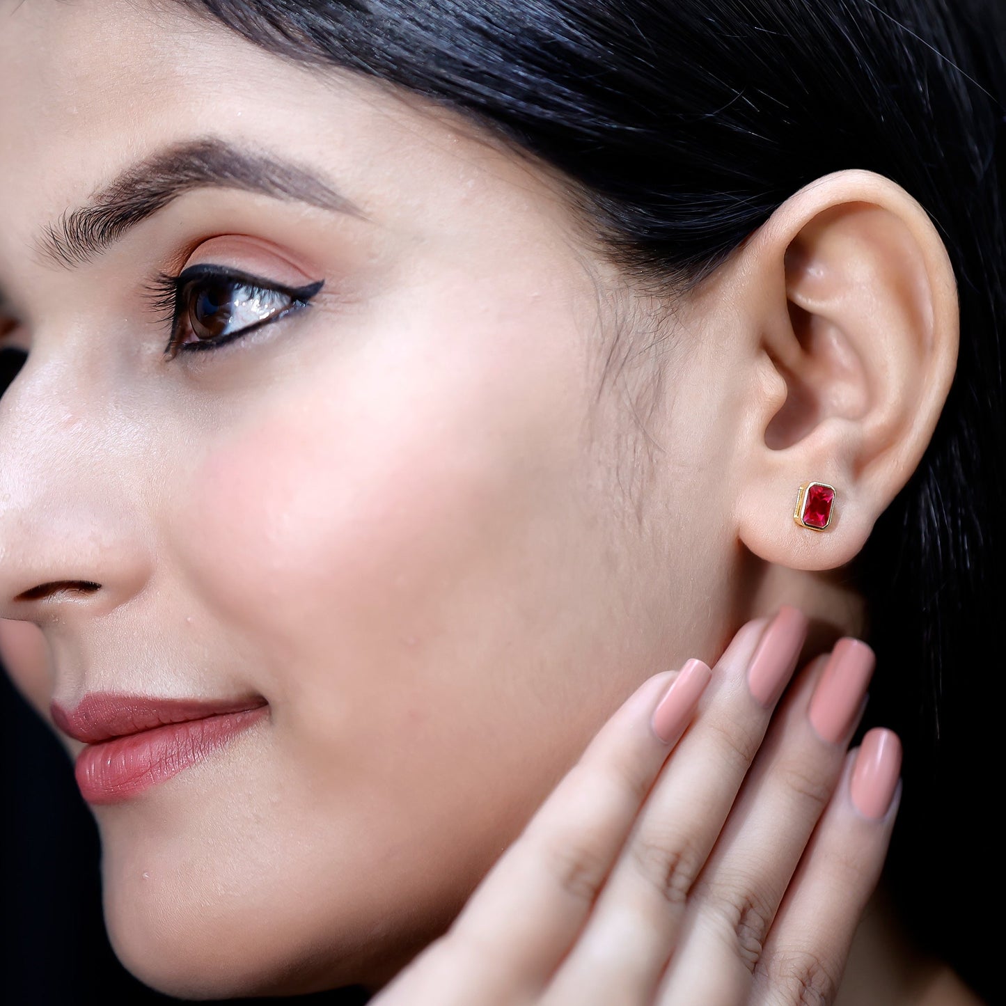 1.5 Carat Emerald Cut Lab Grown Ruby Stud Earrings in Bezel Set