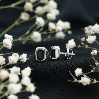 Genuine Black Onyx Emerald Cut Stud Earring with Twisted Rose Frame
