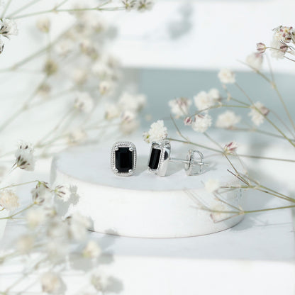 Genuine Black Onyx Emerald Cut Stud Earring with Twisted Rose Frame