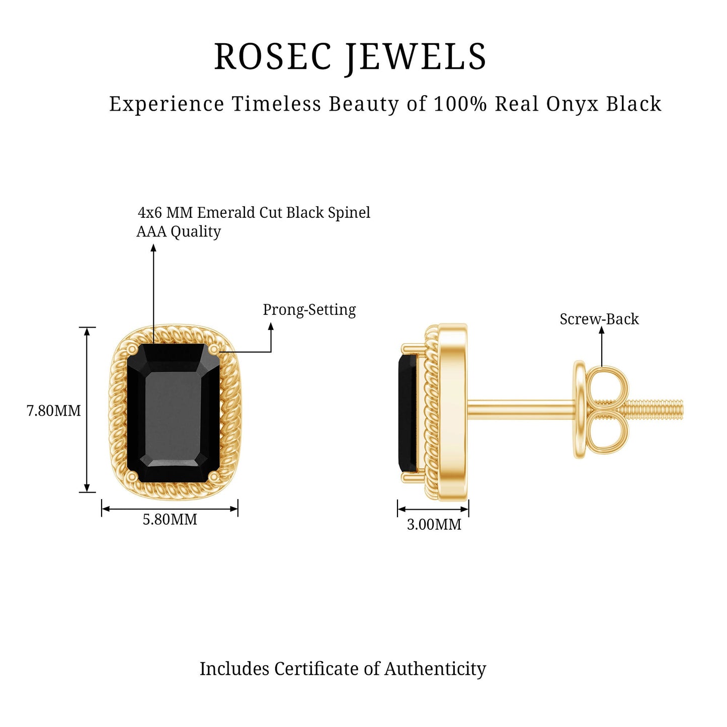 Genuine Black Onyx Emerald Cut Stud Earring with Twisted Rose Frame
