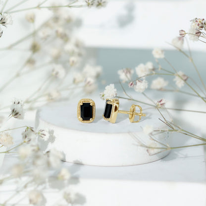 Genuine Black Onyx Emerald Cut Stud Earring with Twisted Rose Frame