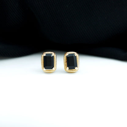 Genuine Black Onyx Emerald Cut Stud Earring with Twisted Rose Frame