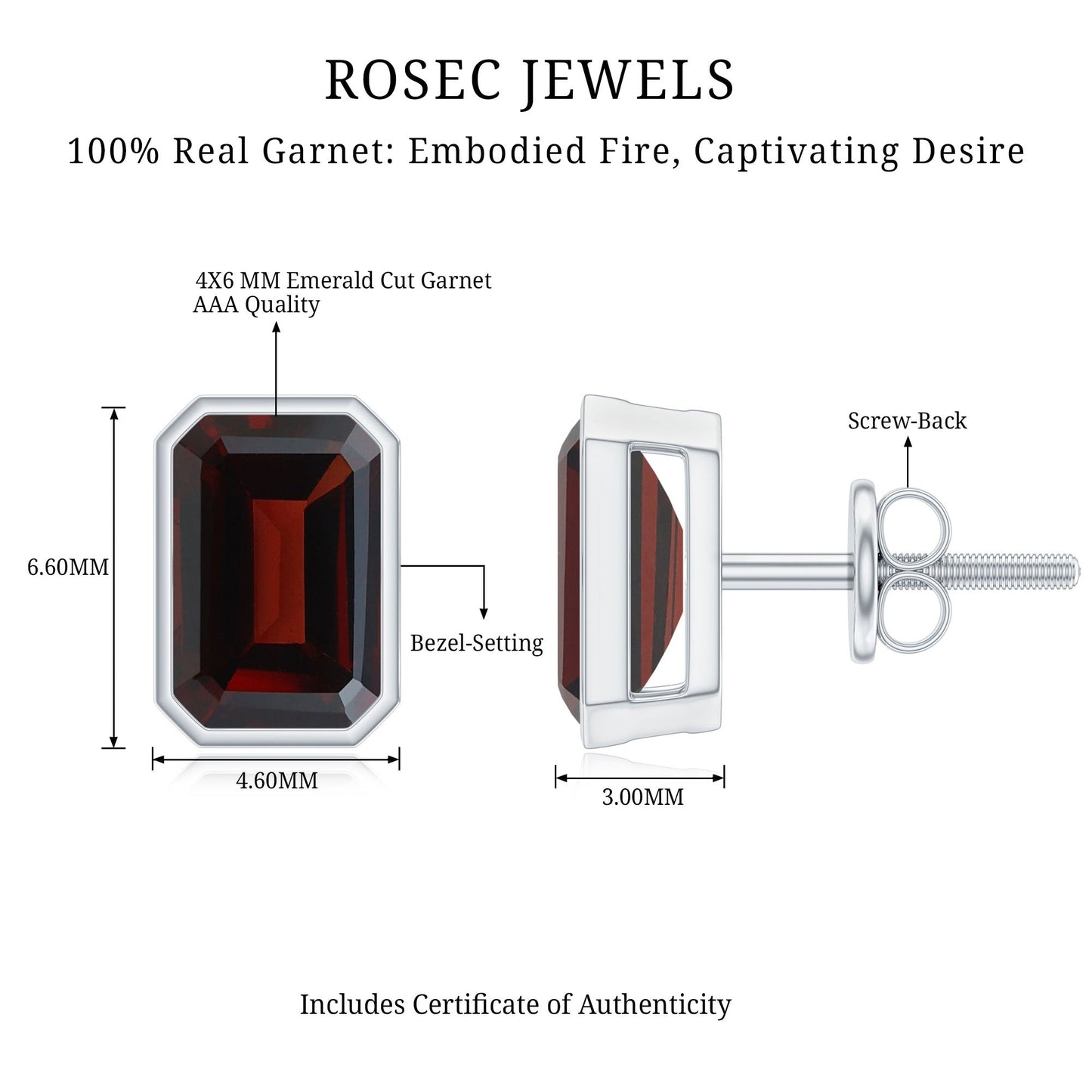 1.4 CT Emerald Cut Garnet Solitaire Stud Earrings in Bezel Setting