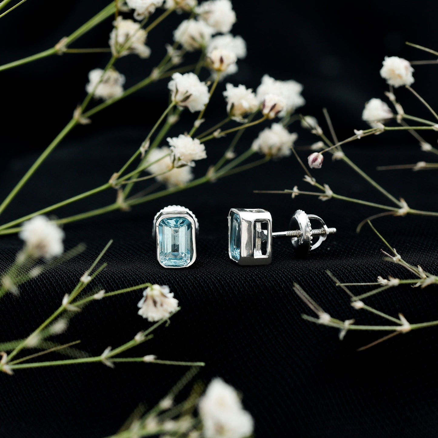 Sterling Silver 1.2 Carat Emerald Cut Aquamarine Stud Earrings