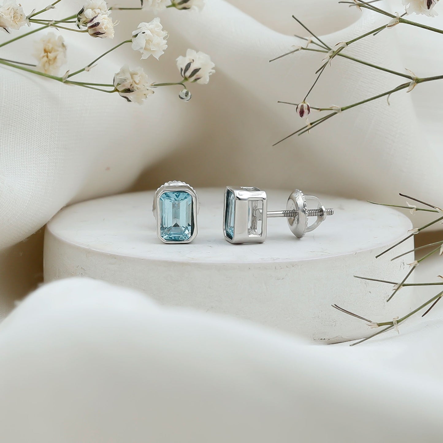 Sterling Silver 1.2 Carat Emerald Cut Aquamarine Stud Earrings