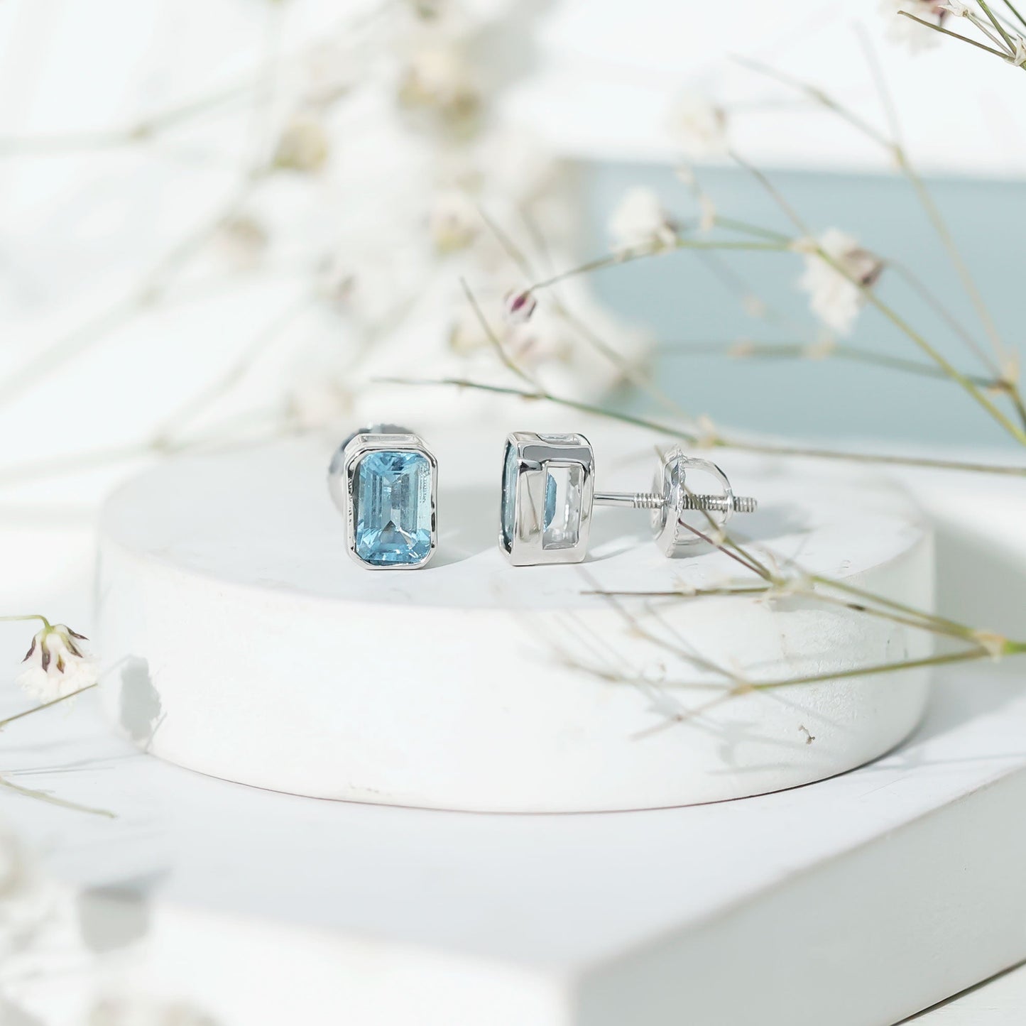 Sterling Silver 1.2 Carat Emerald Cut Aquamarine Stud Earrings