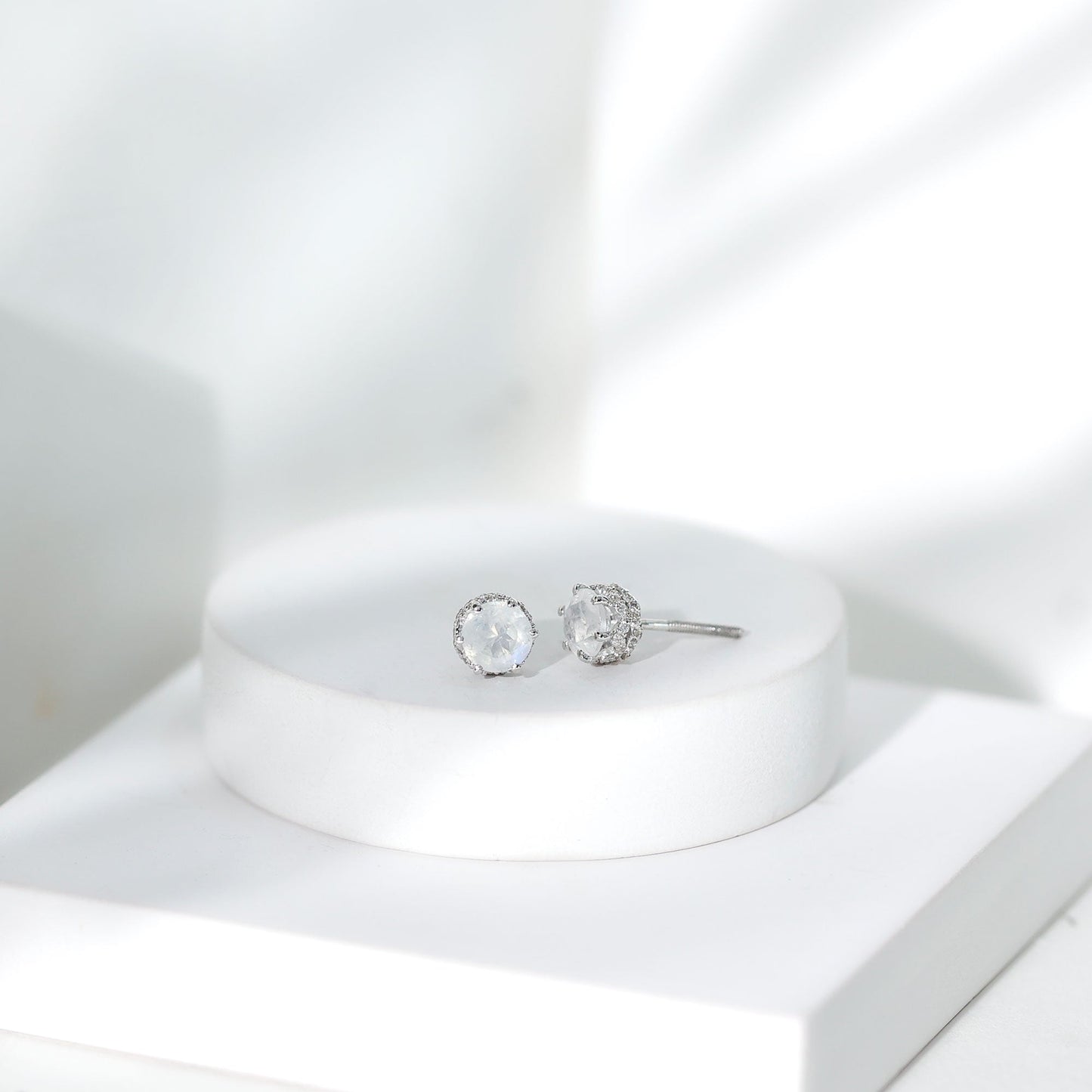 Round Cut Genuine Moonstone and Diamond Stud Earrings