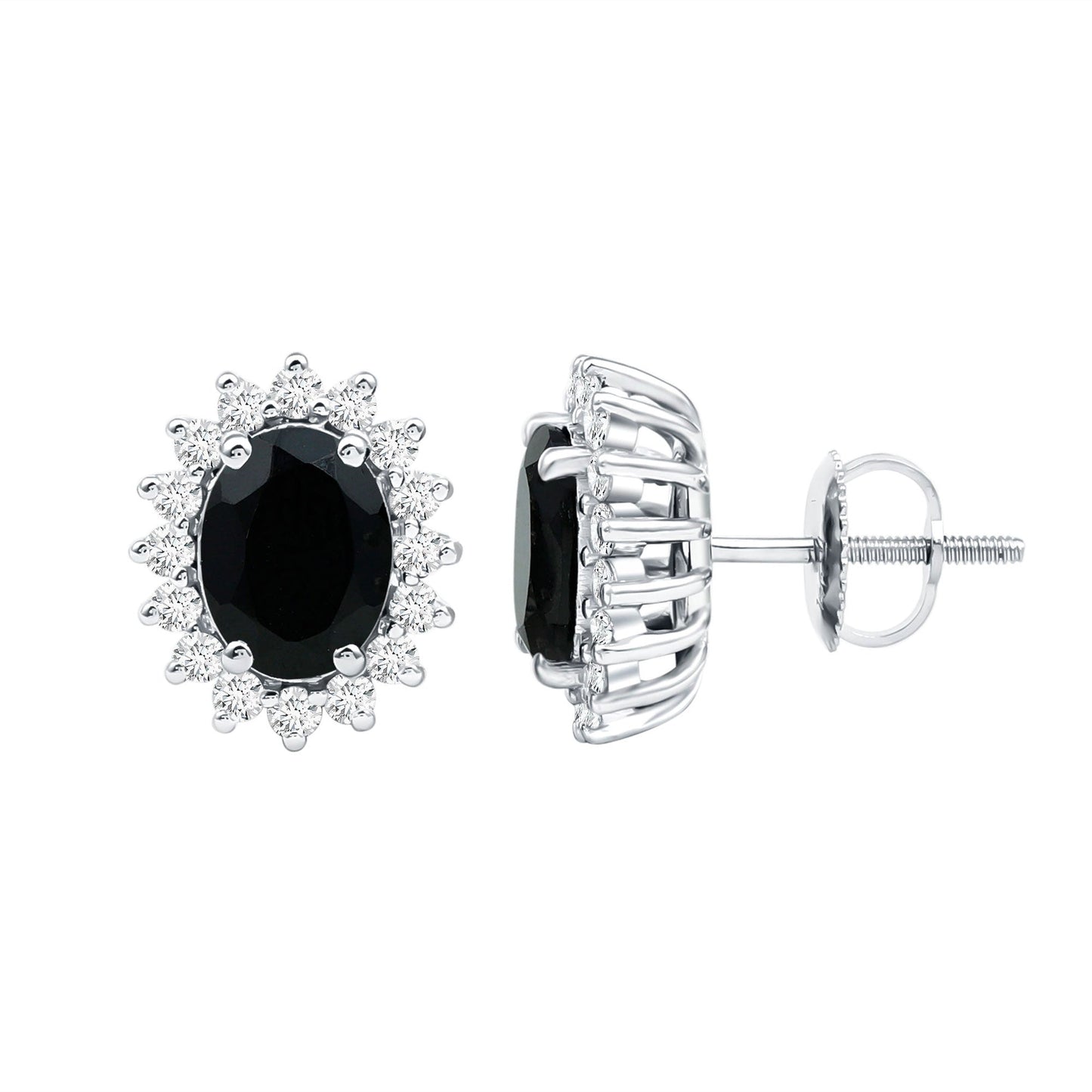 Real 2 Carat Oval Black Onyx Stud Earrings with Moissanite Halo