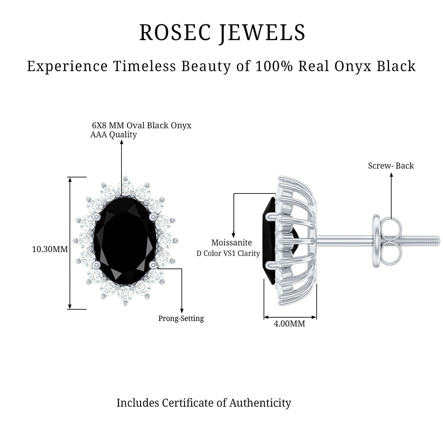 2 Carat Oval Cut Black Onyx Stud Earrings with Moissanite Halo