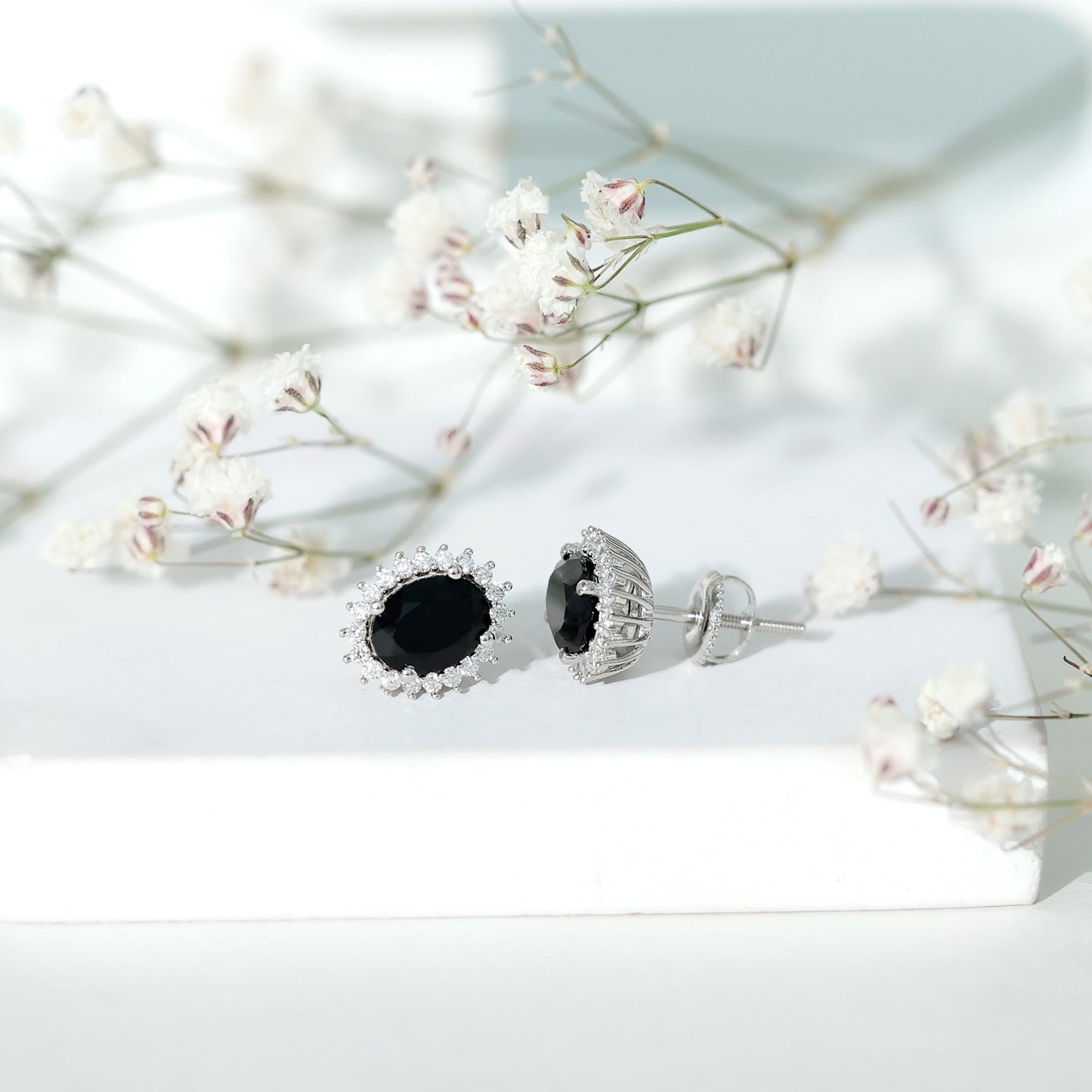 2 Carat Oval Cut Black Onyx Stud Earrings with Moissanite Halo
