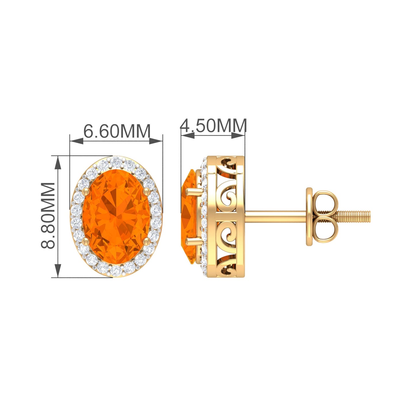 1.3 Carat Oval Cut Fire Opal and Diamond Halo Stud Earrings