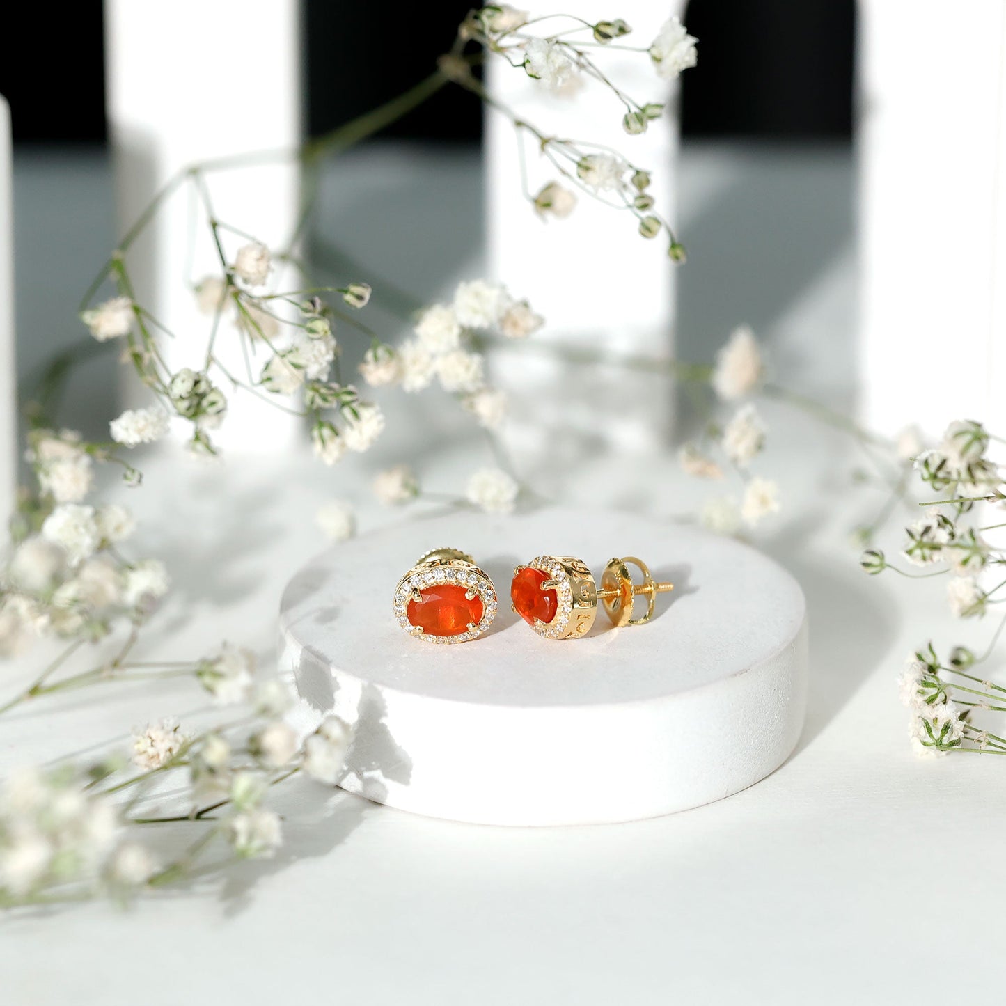 1.3 Carat Oval Cut Fire Opal and Diamond Halo Stud Earrings