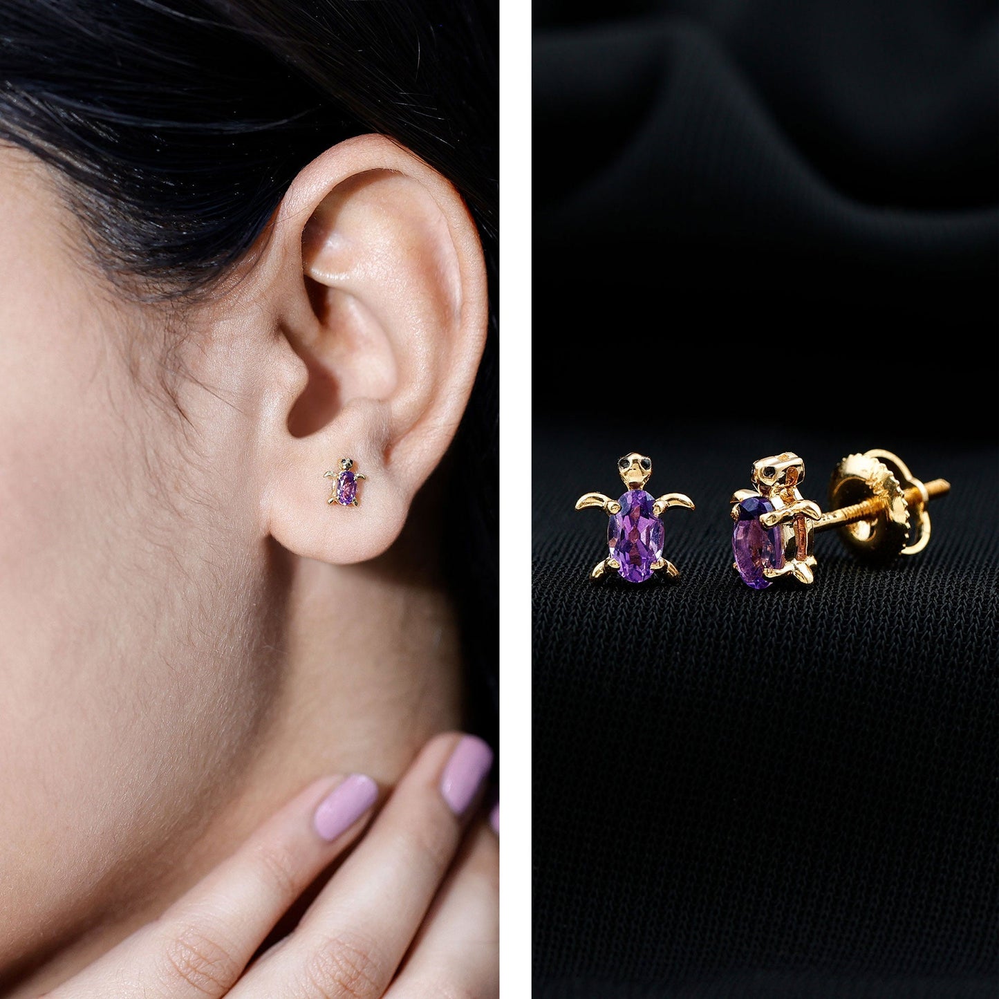 Natural Oval Amethyst Turtle Stud Earrings for Women