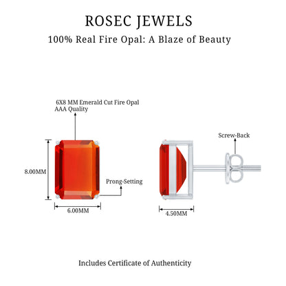 2 CT Emerald Cut Fire Opal Solitaire Stud Earrings for Women