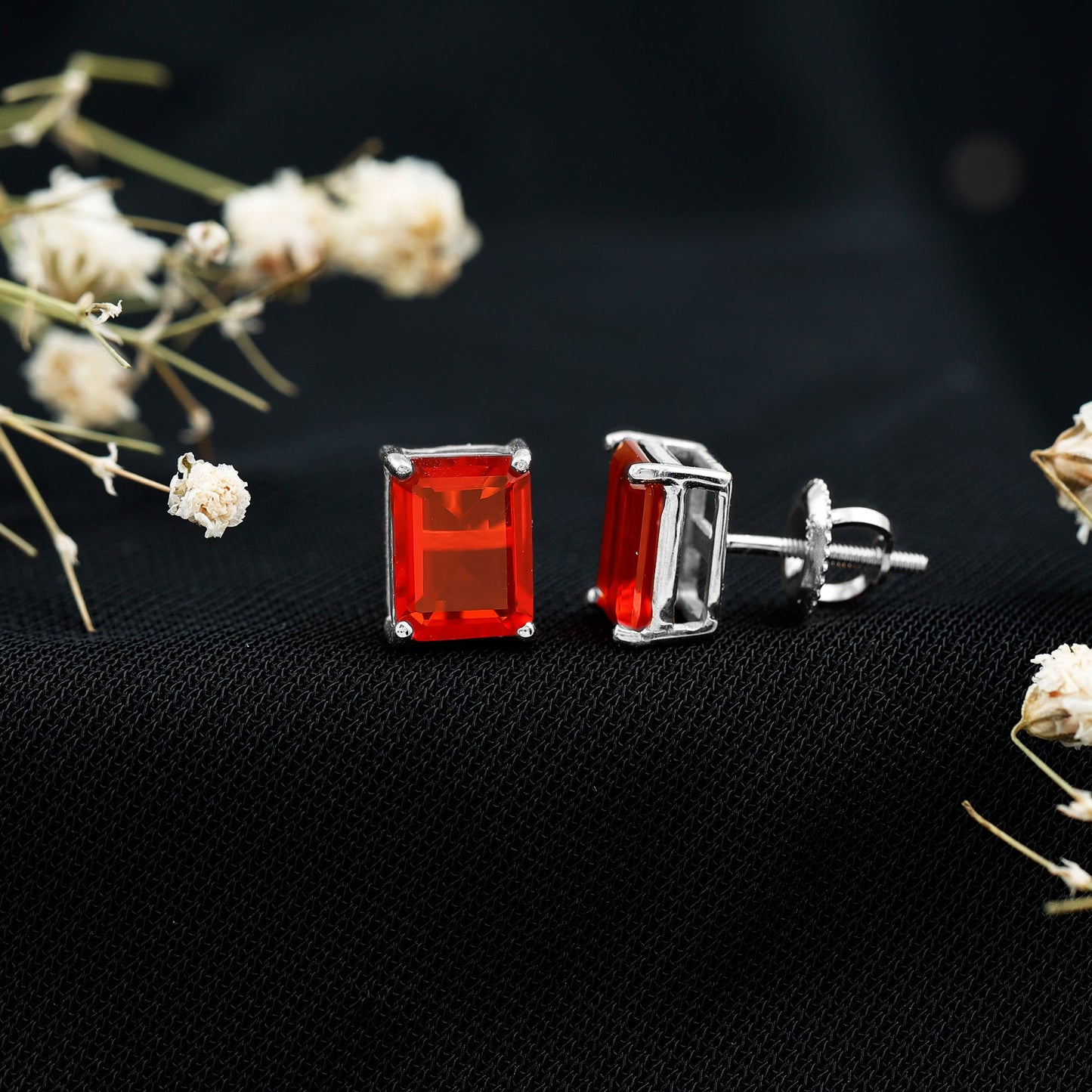2 CT Emerald Cut Fire Opal Solitaire Stud Earrings for Women