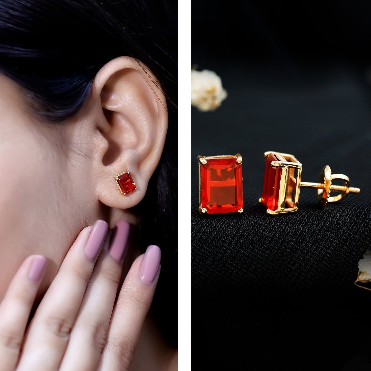 2 CT Emerald Cut Fire Opal Solitaire Stud Earrings for Women