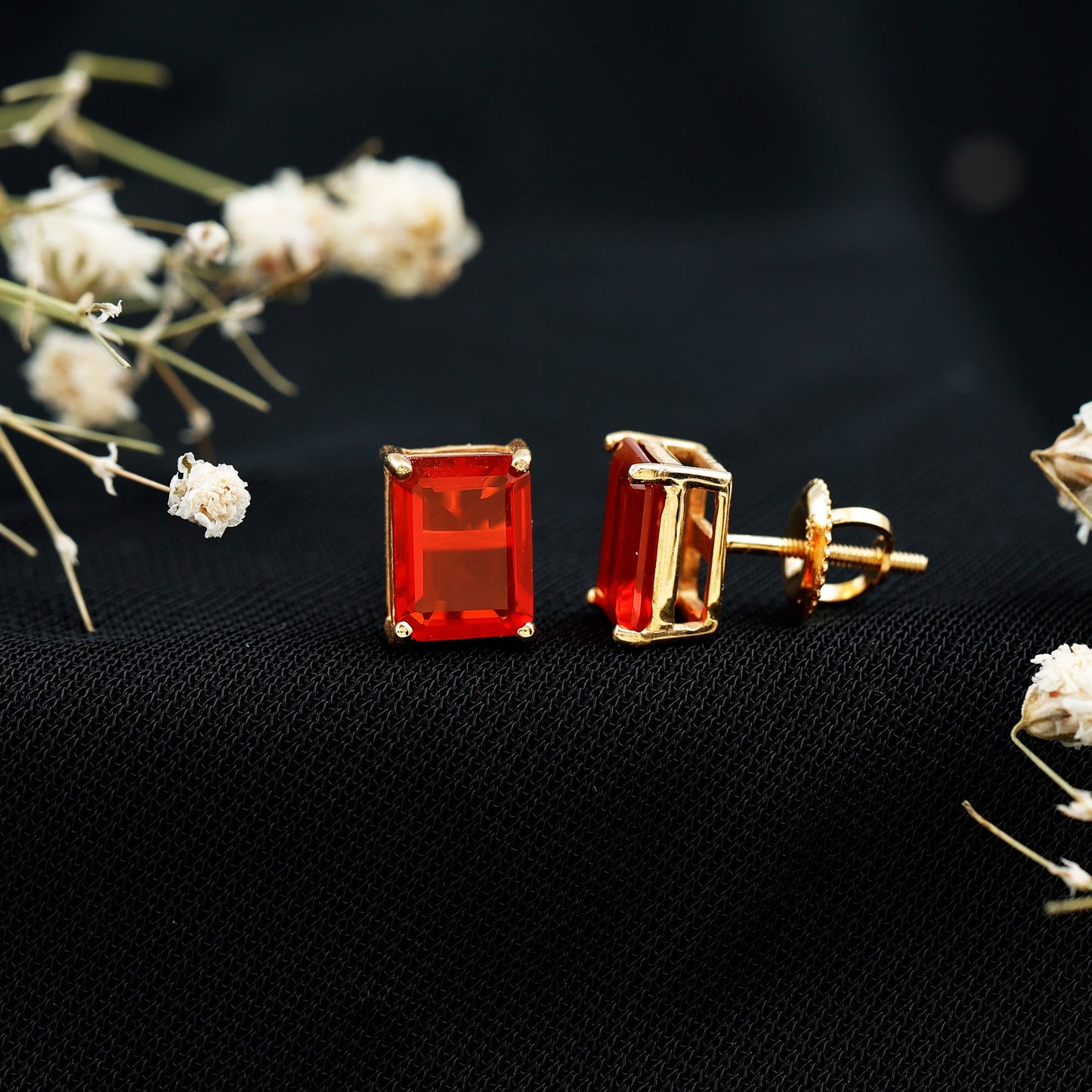 2 CT Emerald Cut Fire Opal Solitaire Stud Earrings for Women