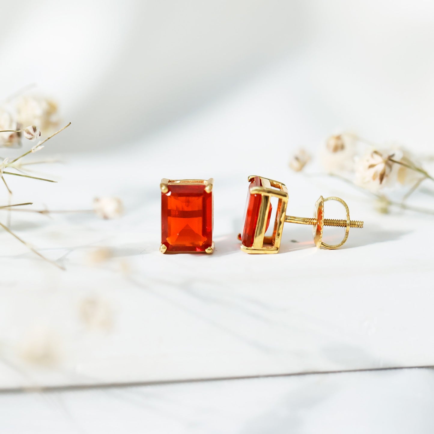2 CT Emerald Cut Fire Opal Solitaire Stud Earrings for Women