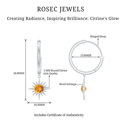 Natural Citrine Sunburst Drop Hoop Earrings