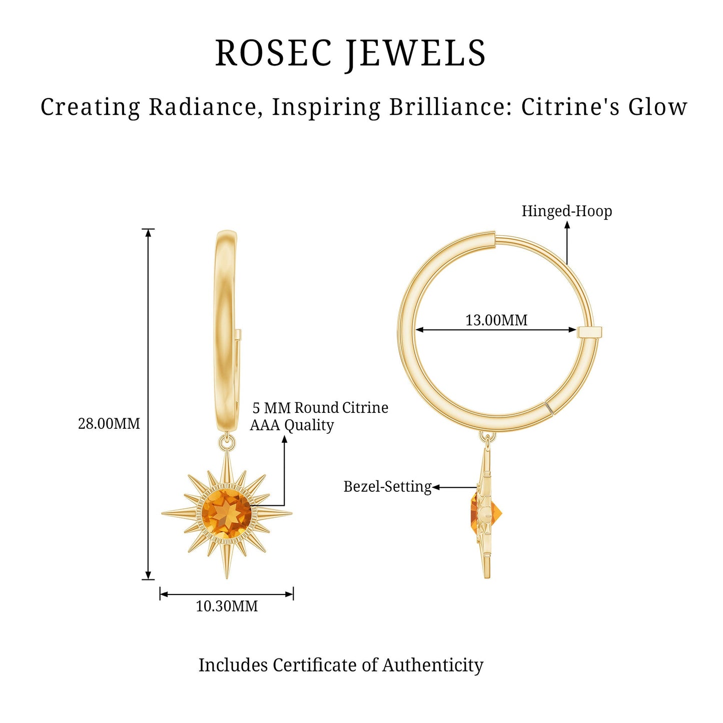 Natural Citrine Sunburst Drop Hoop Earrings