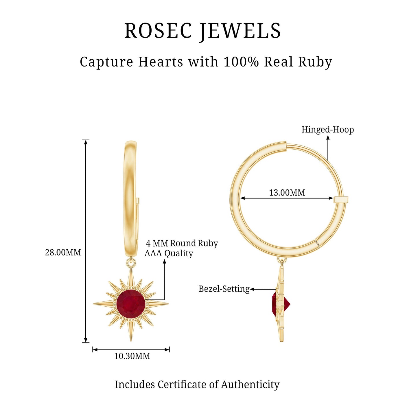 Natural 0.5 Carat Ruby Sunburst Drop Hoop Earrings for Women