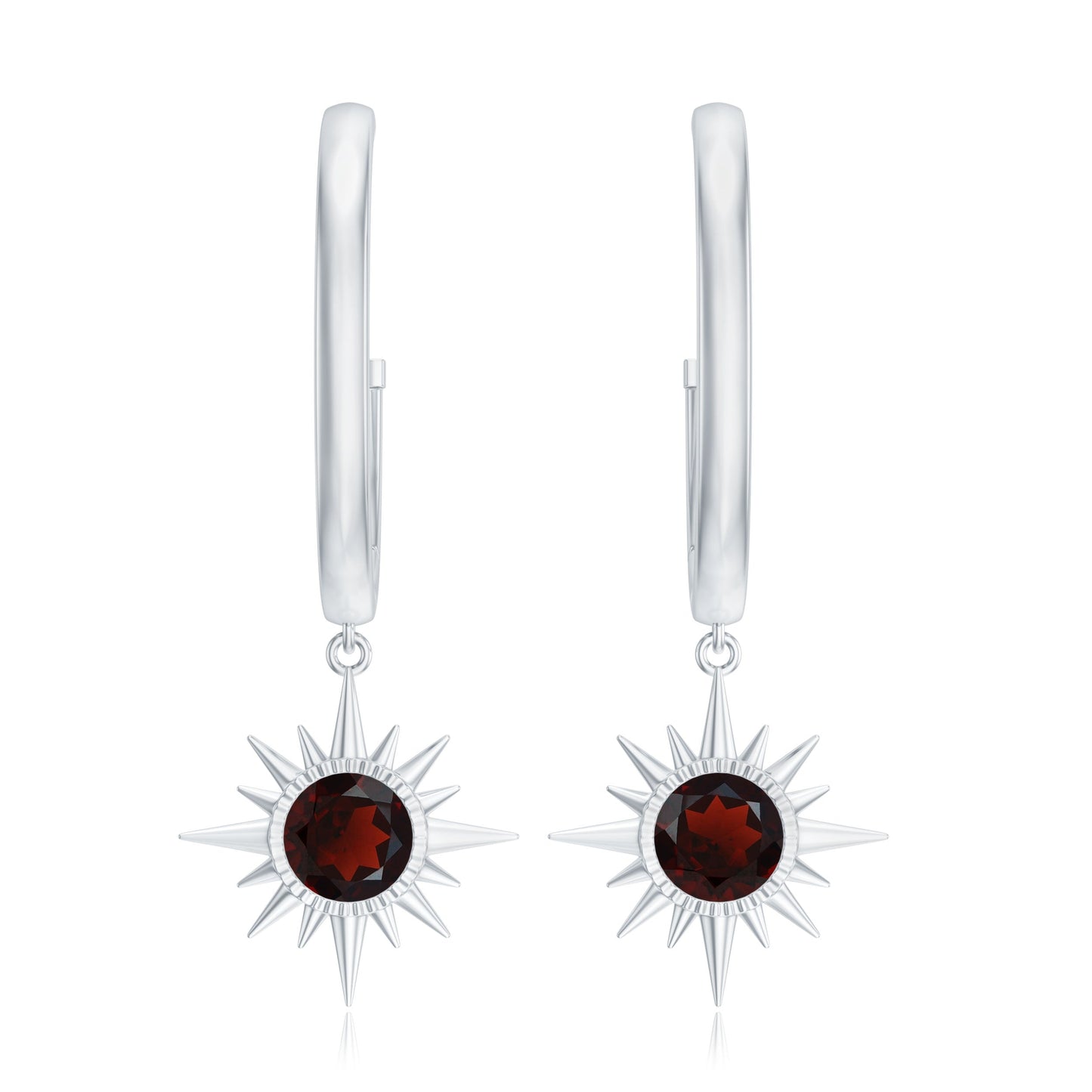 Real Garnet Sunburst Drop Hoop Earring for Women