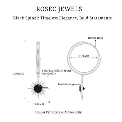 Natural Black Spinel Sunburst Drop Hoop Earrings