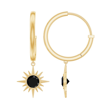 Natural Black Spinel Sunburst Drop Hoop Earrings