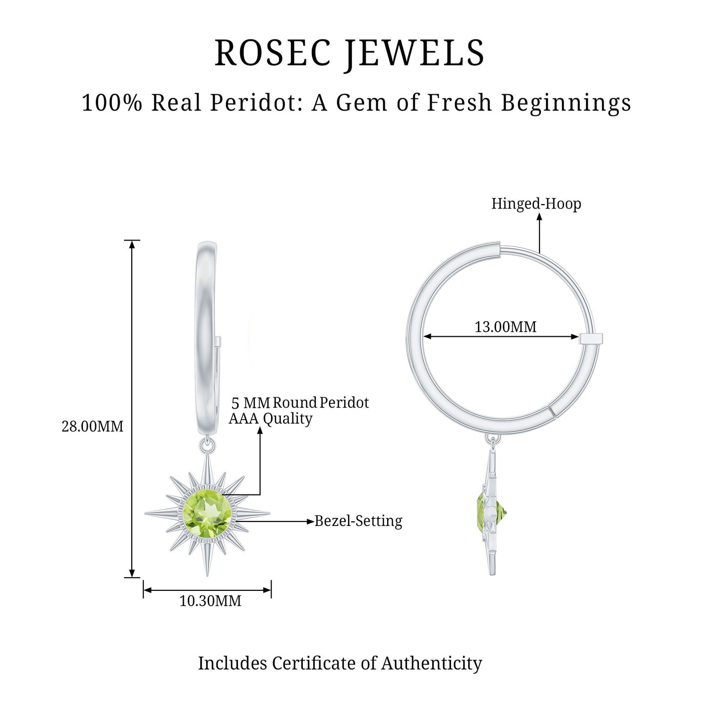 Round Shape 1 Carat Peridot Sunburst Hoop Drop Earrings For Women