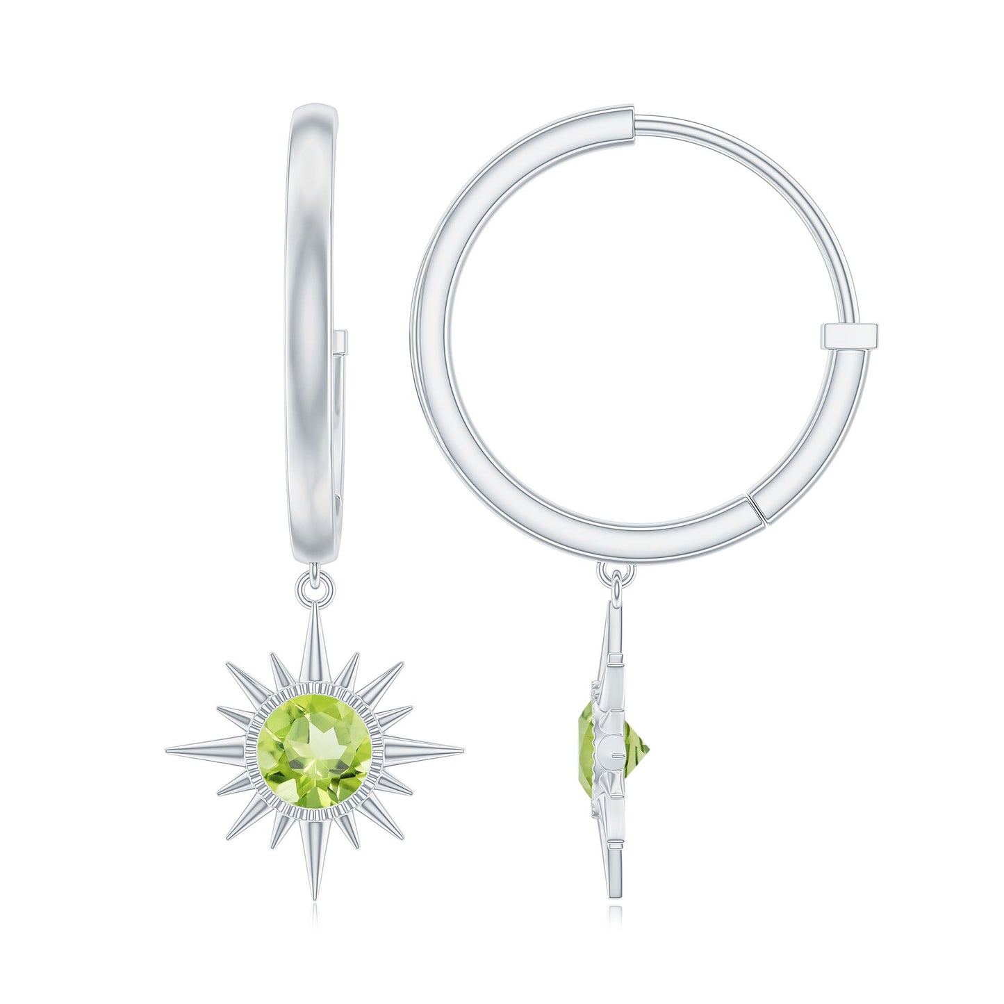 Round Shape 1 Carat Peridot Sunburst Hoop Drop Earrings For Women