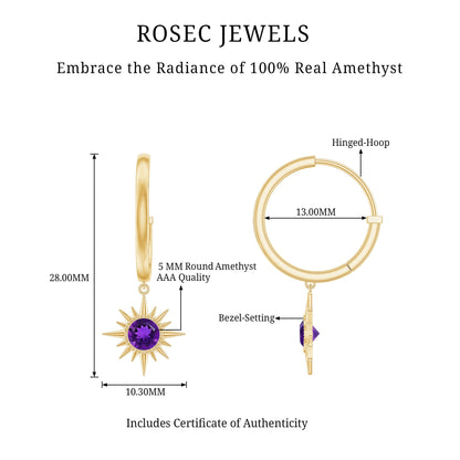 Natural Amethyst Sunburst Hoop Drop Earrings with Certificate