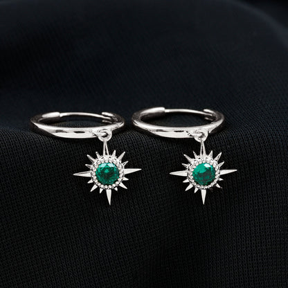 0.5 Carat Round Cut Lab Created Emerald Sunburst Hoop Earrings