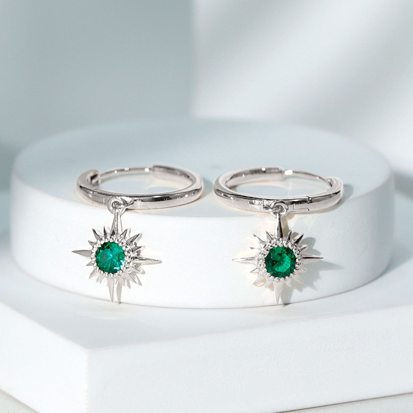 0.5 Carat Round Cut Lab Created Emerald Sunburst Hoop Earrings