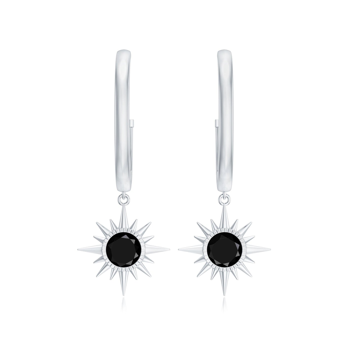Lab Created Black Diamond Sunburst Hoop Earrings in Bezel Setting