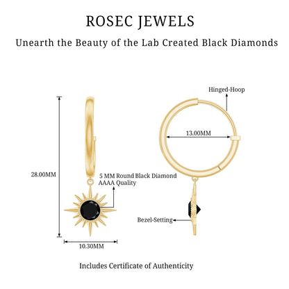 Lab Created Black Diamond Sunburst Hoop Earrings in Bezel Setting