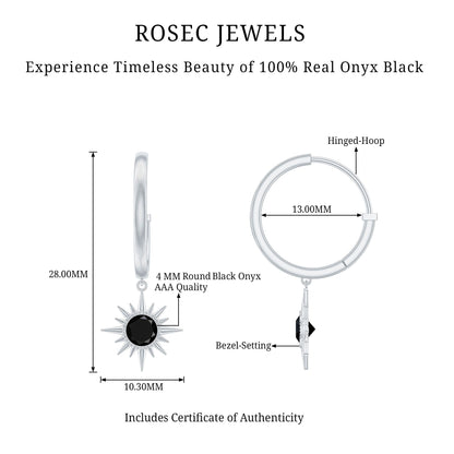 Natural Black Onyx Sunburst Hoop Drop Earrings