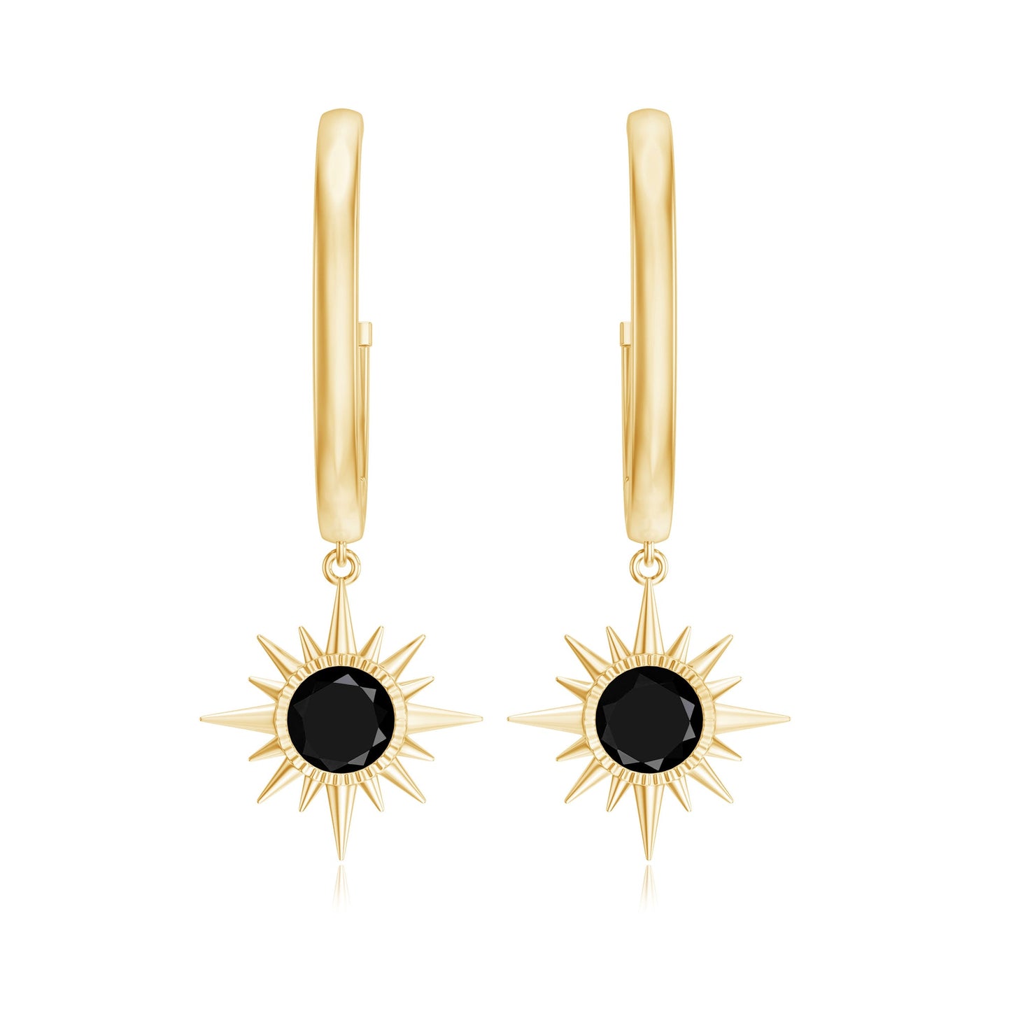 Natural Black Onyx Sunburst Hoop Drop Earrings