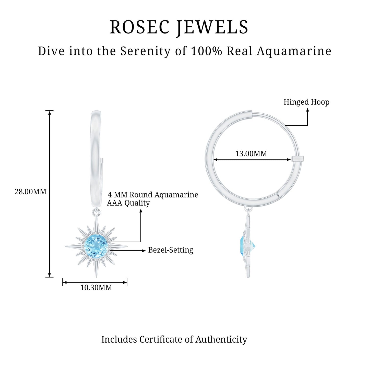 0.5 Carat Aquamarine Sunburst Hoop Earrings For Women