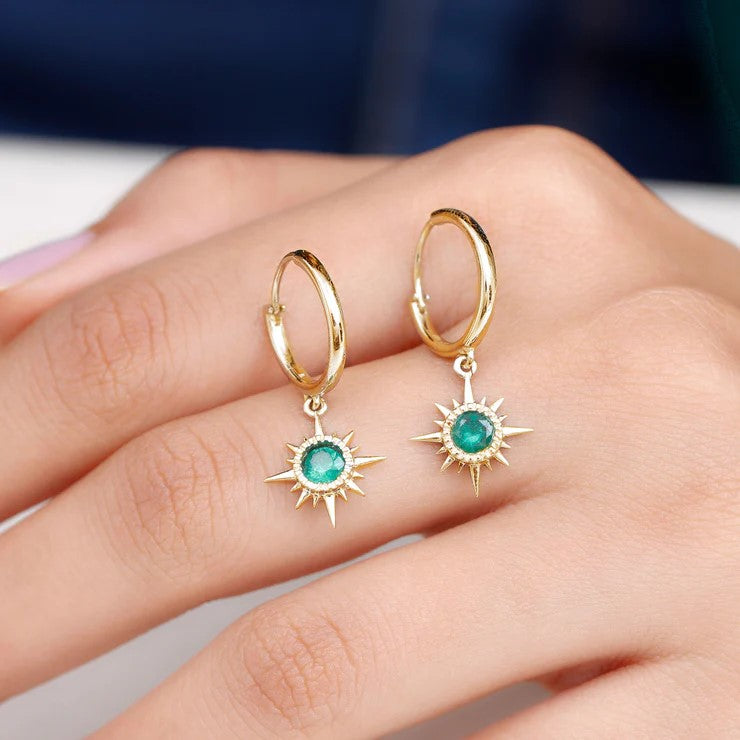 Real Emerald Sunburst Hoop Drop Earrings with Certificate