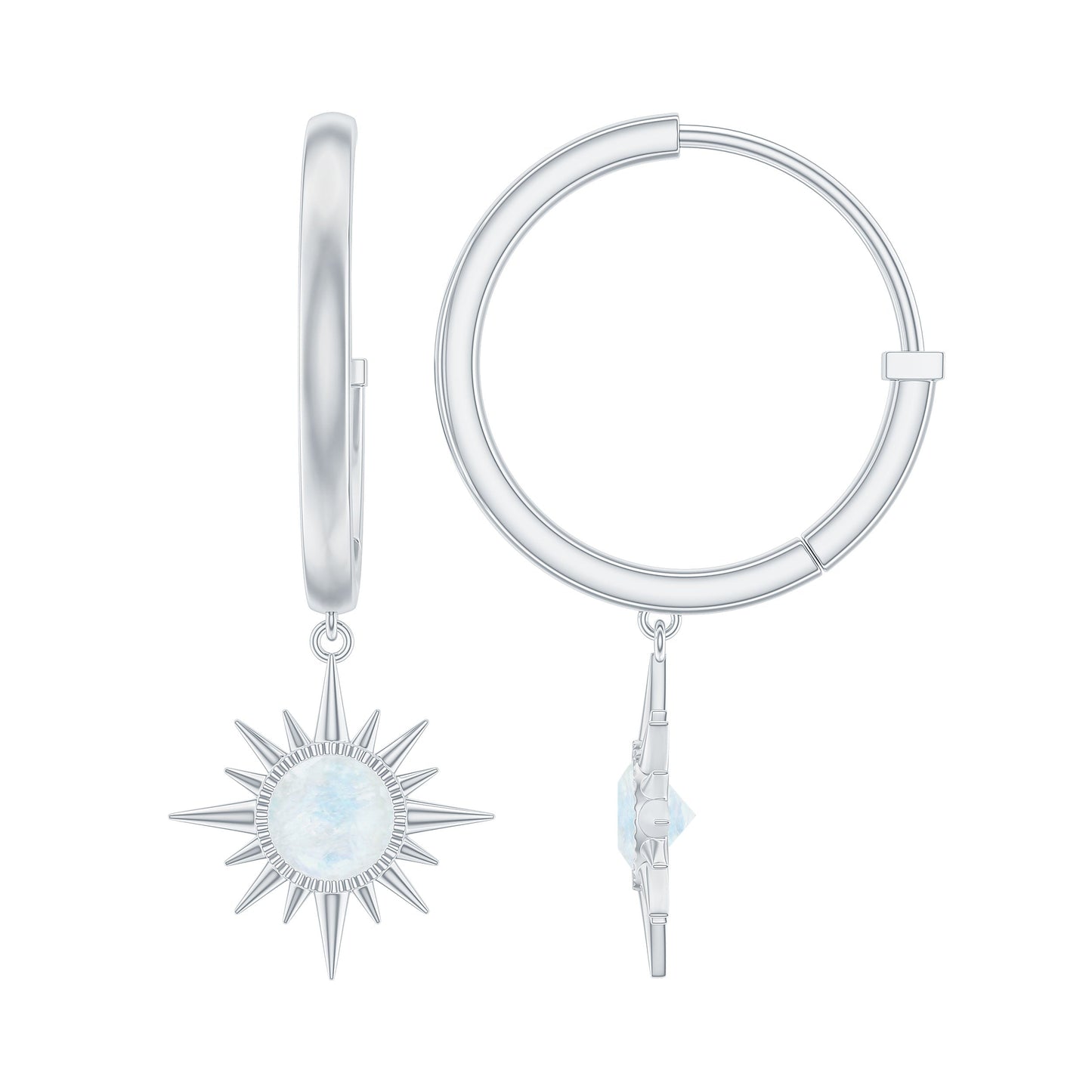 Natural 0.7 Carat Moonstone Sunburst Drop Earrings with Hinged Hoop