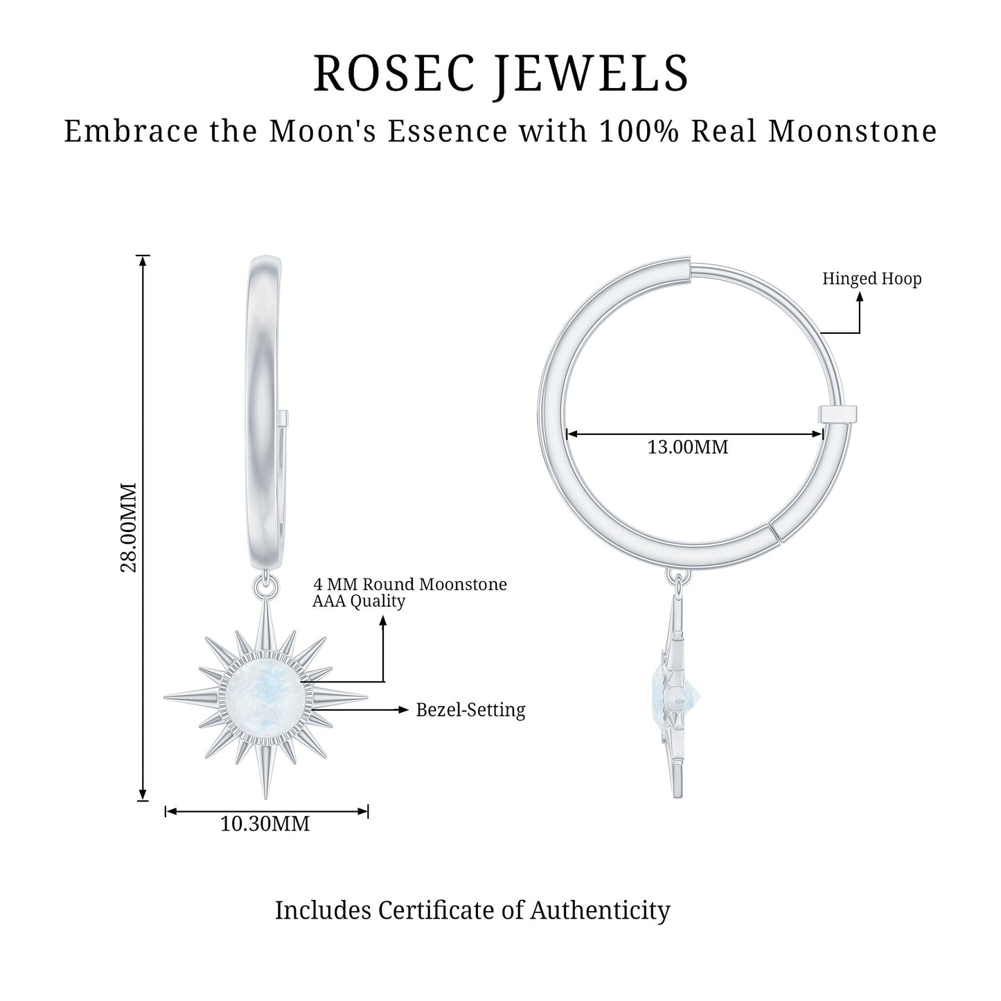 Natural 0.7 Carat Moonstone Sunburst Drop Earrings with Hinged Hoop
