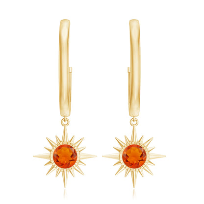 Certified Real Fire Opal Sunburst Drop Hoop Earrings