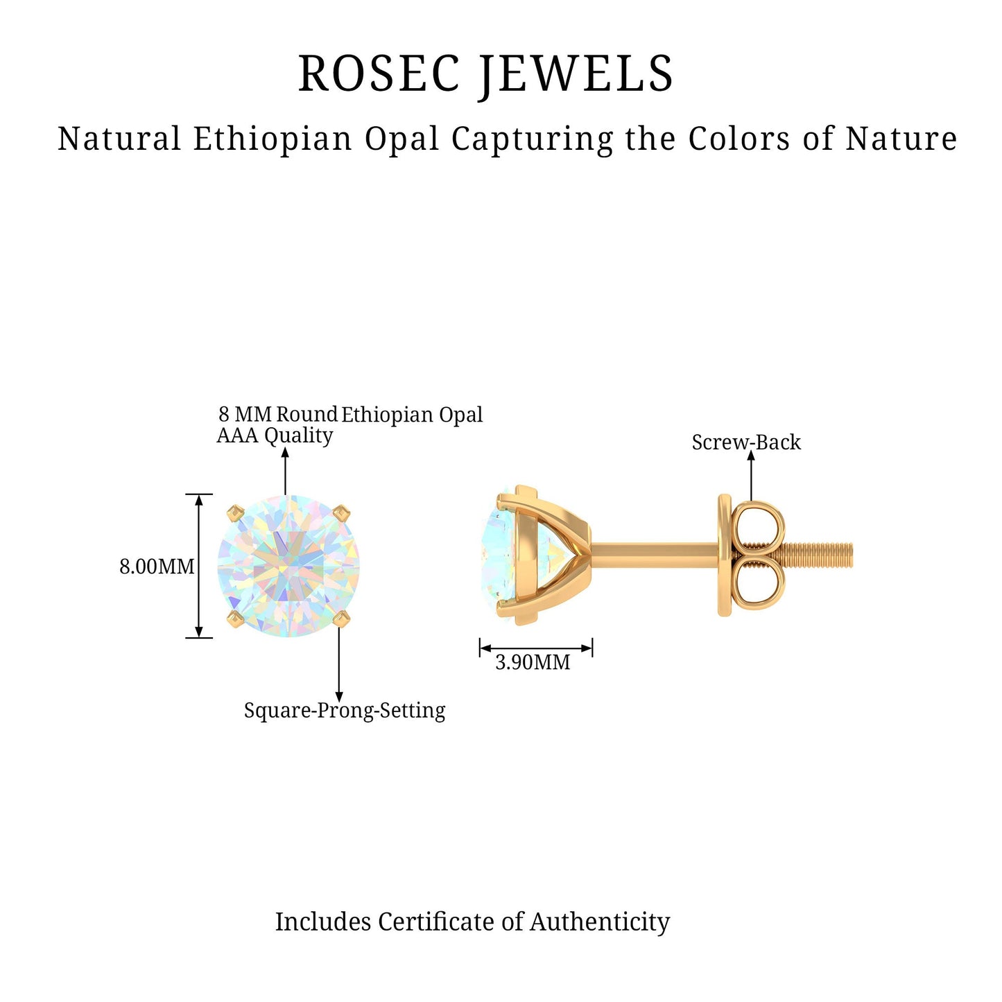 4 Carat Round Cut Ethiopian Opal Solitaire Stud Earrings