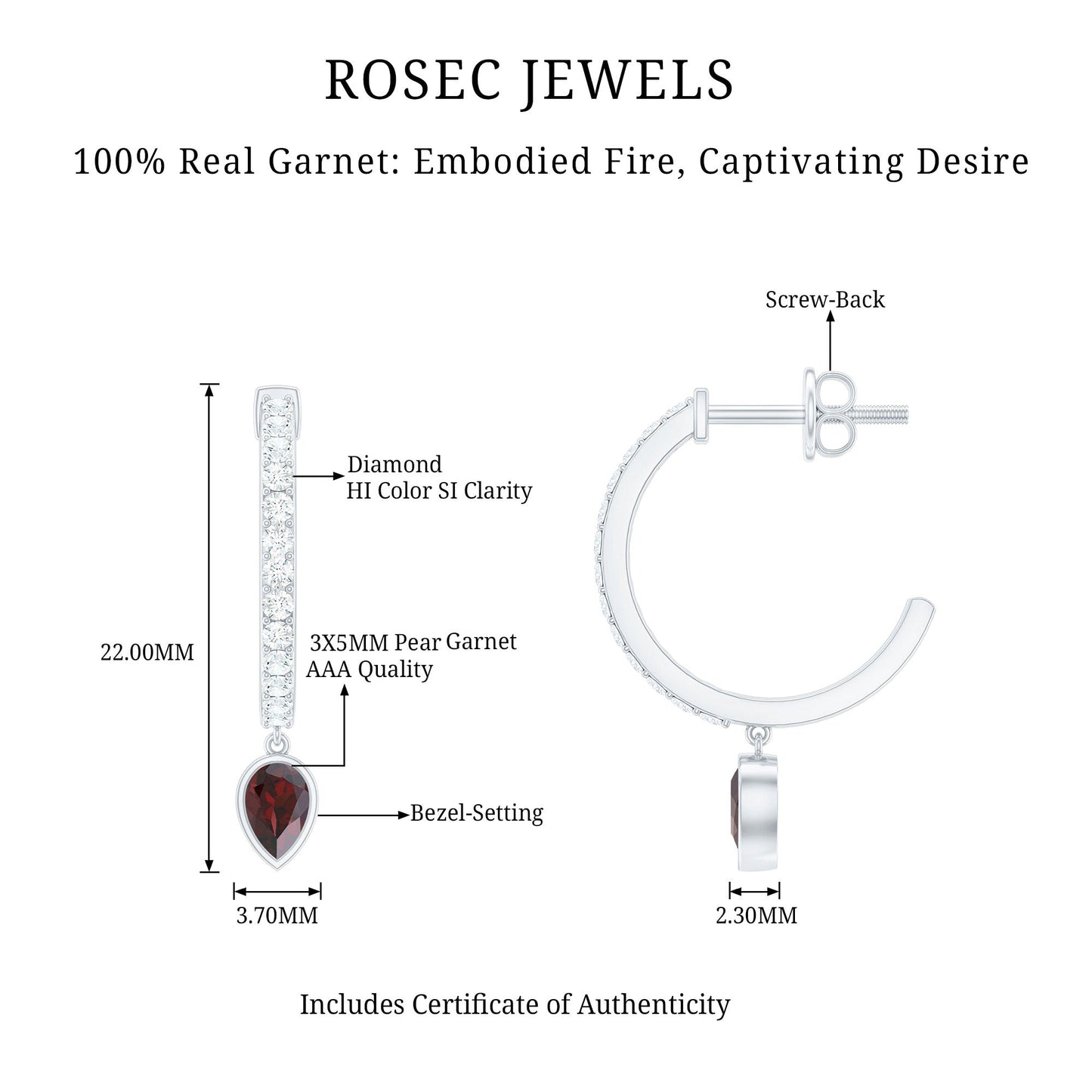 Genuine Garnet Teardrop Hoop Earrings with Diamonds