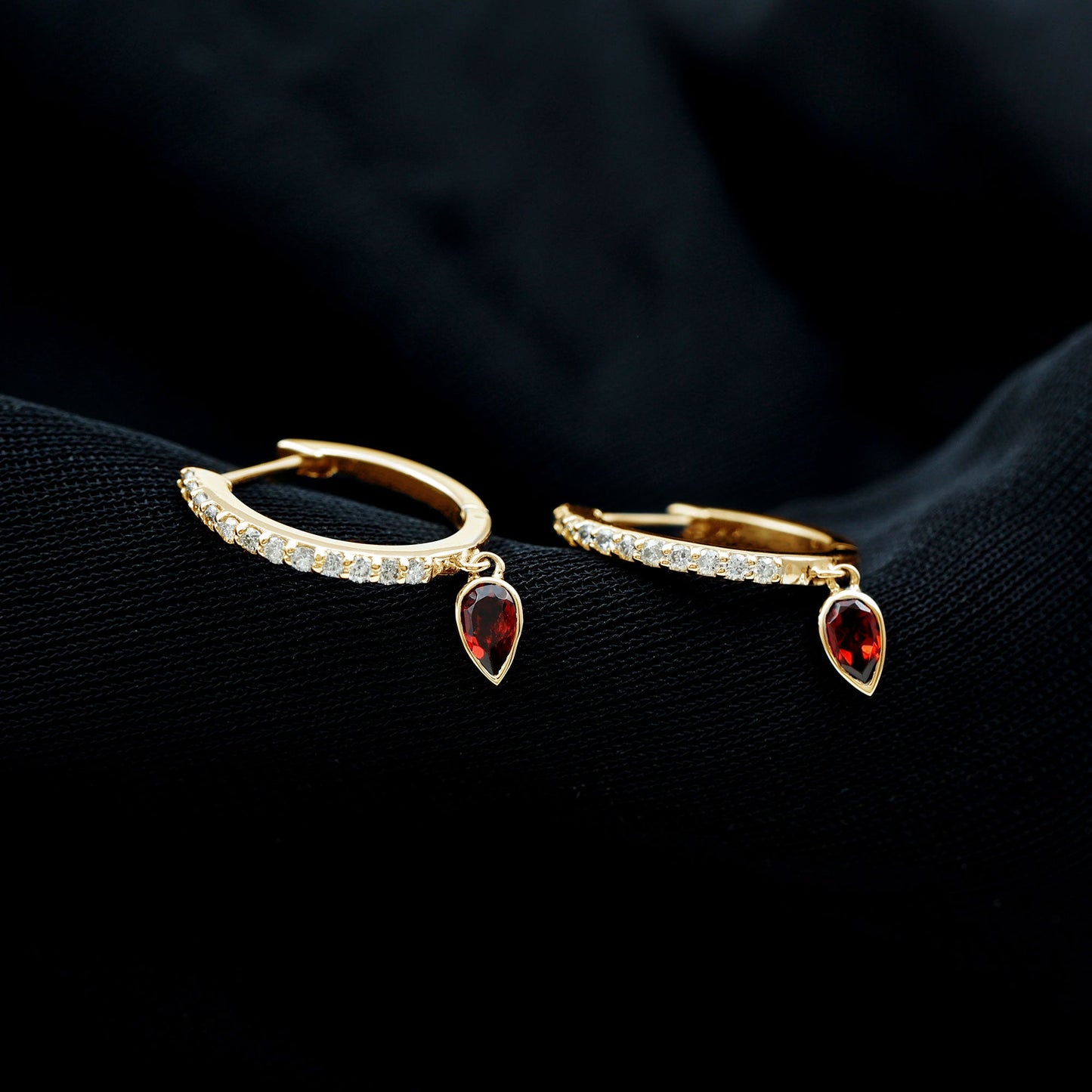 Genuine Garnet Teardrop Hoop Earrings with Diamonds