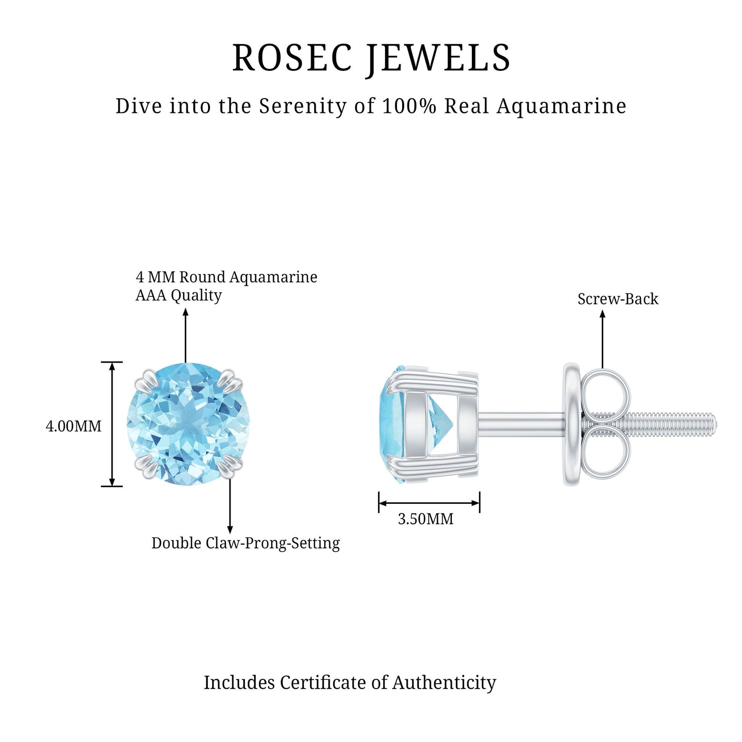 0.5 Carat Genuine Aquamarine Solitaire Stud Earrings in Double Claw Prong Setting