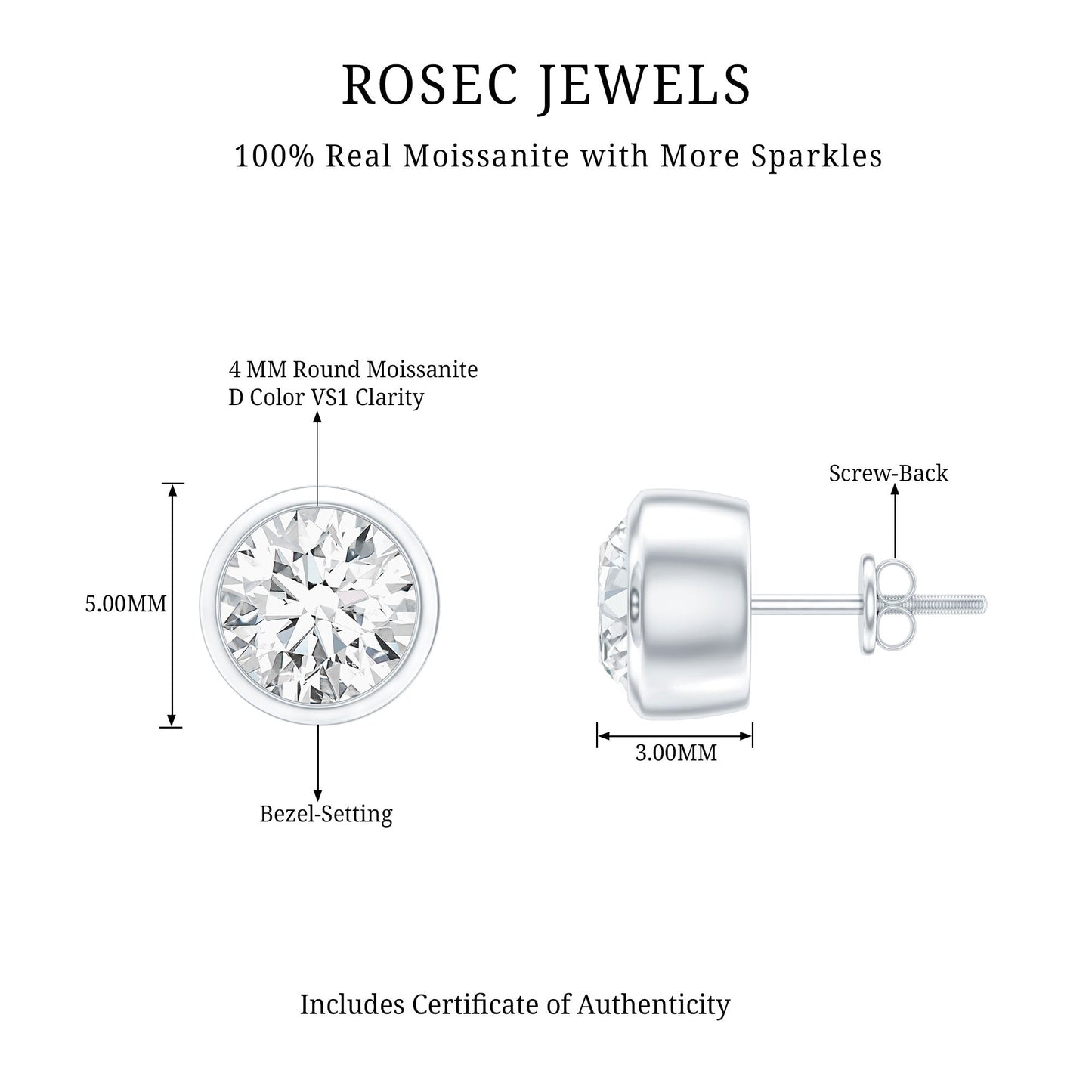 Certified 0.6 Carat Moissanite Stud Earrings in Bezel Setting