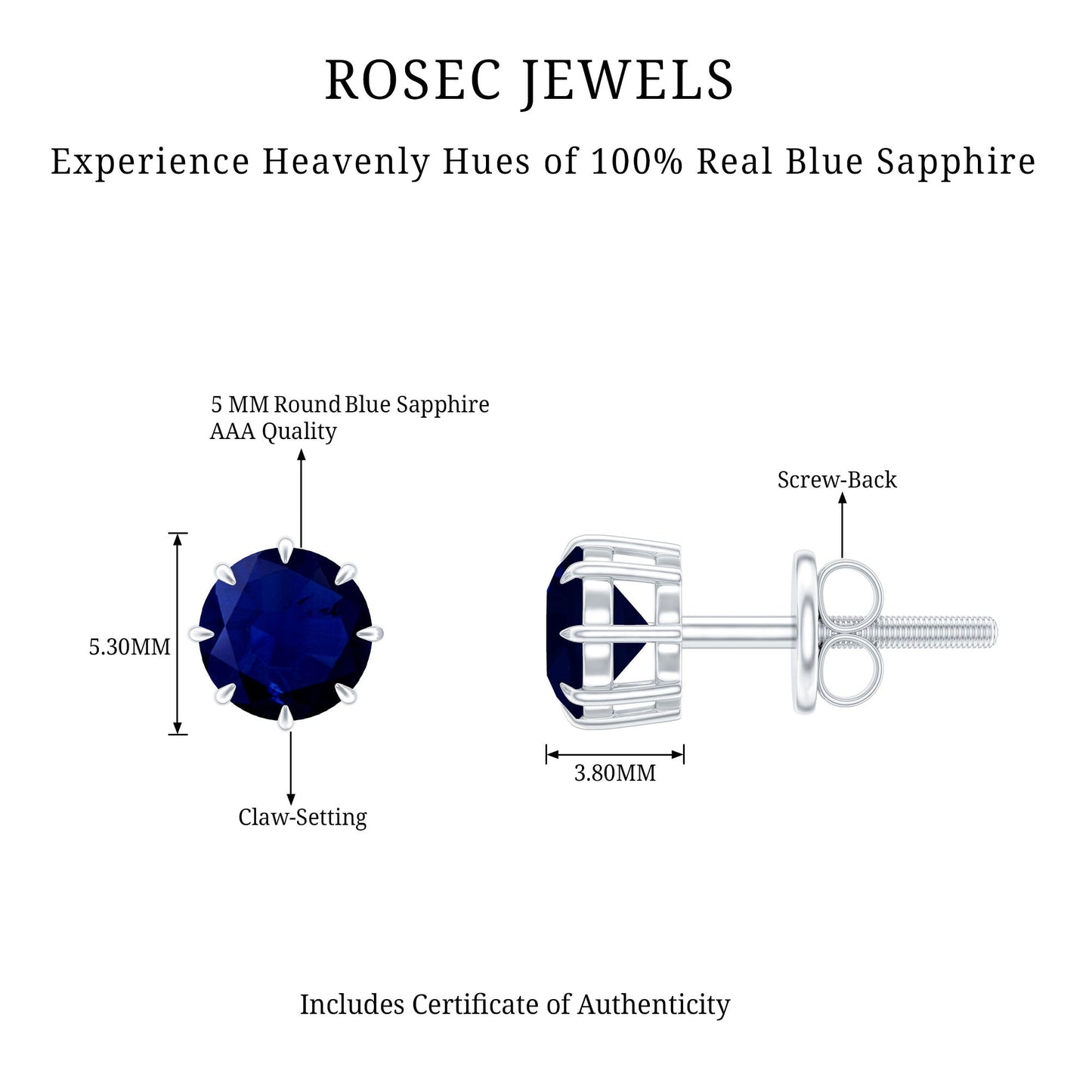 Natural 1.9 Carat Blue Sapphire Solitaire Stud Earrings