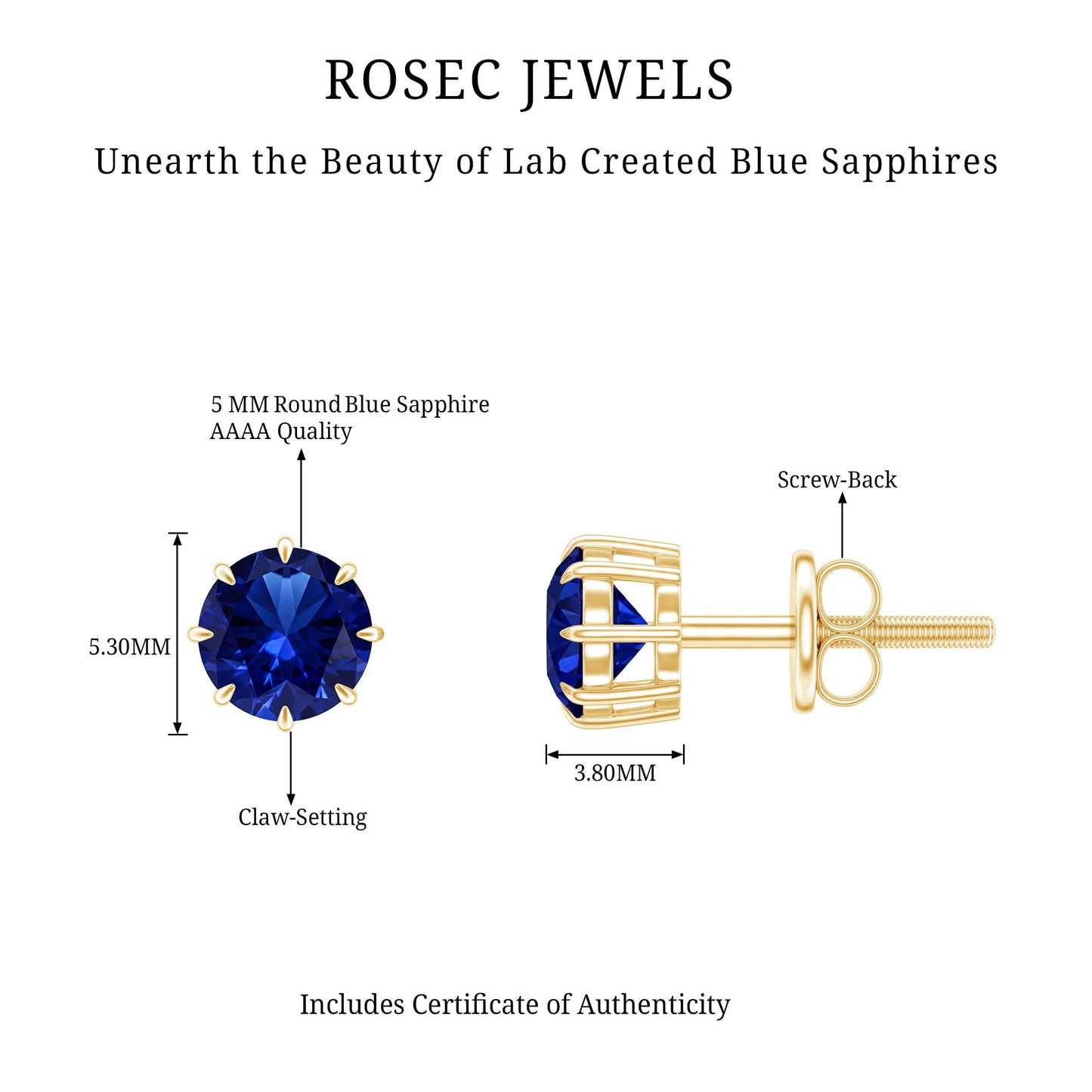 Lab Created Round Blue Sapphire Solitaire Stud Earrings in Claw Setting