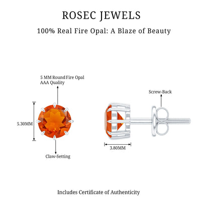 Natural Fire Opal Solitaire Stud Earrings for Women